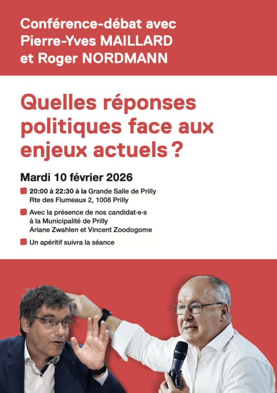 Flyer de la conférence-débat le 10 février 2026 à la Grande-Salle de Prilly avec Pierre-Yves Maillard et Roger Nordmann.