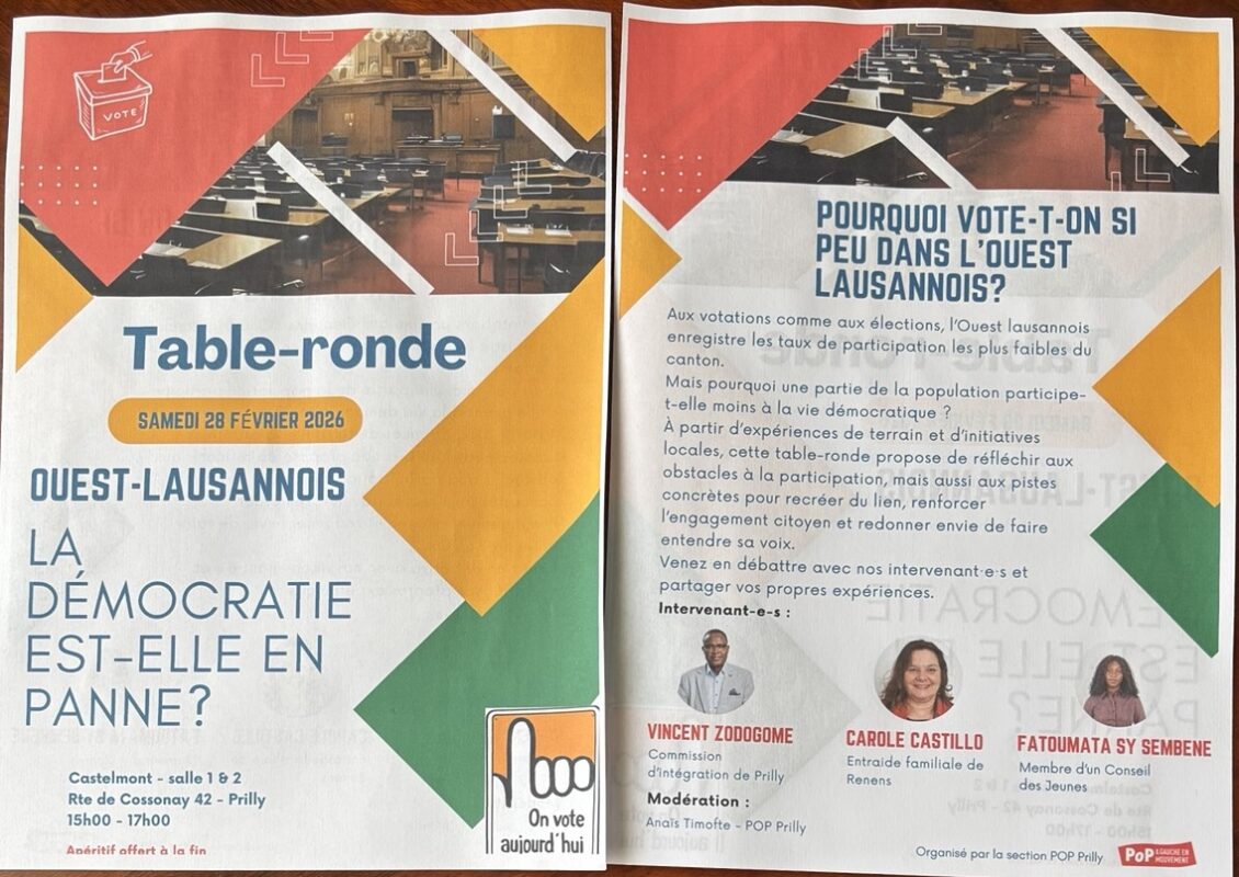 Flyer de la table-ronde organisée par le POP le 28 février 2026, avec Anaïs Timofte, Vincent Zodogome, Carole Castillo et Fatoumata Sy Sembene