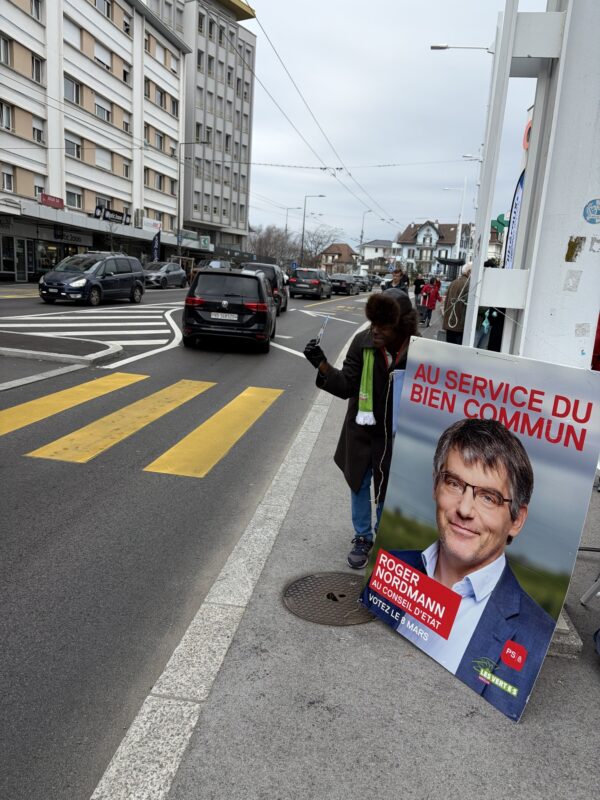 Affiche de Roger Nordmann lors du stand du 28 février 2026 à Prilly-Centre,