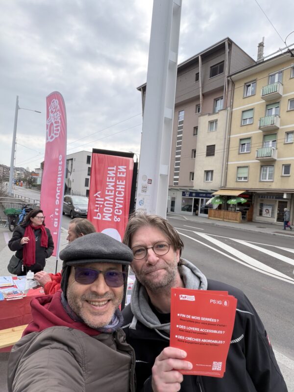 Stand du 28 février 2026 à Prilly-Centre, avec Ruben Segovia et Vincent Jaccoud.